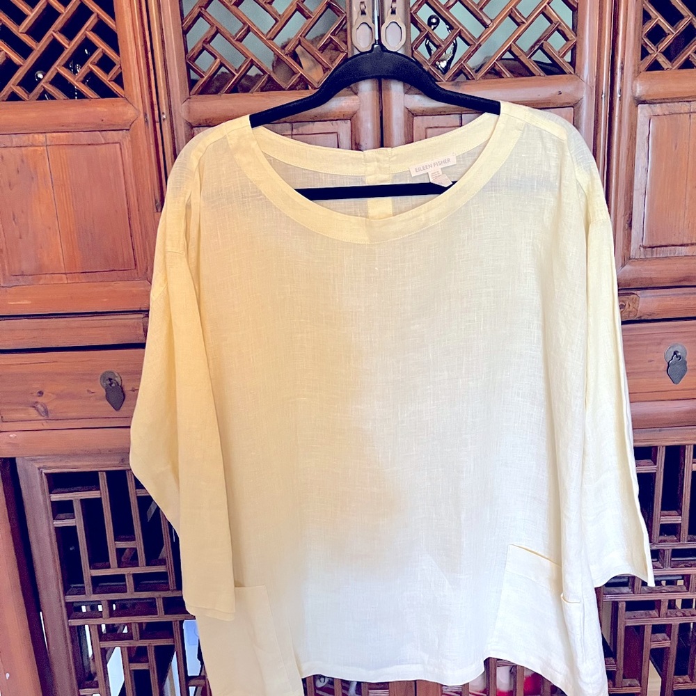 EILEEN FISHER YELLOW ORGANIC LINEN TOP ~ PALE YELLOW ~ SIZE S/P OVERSIZED